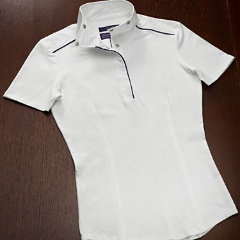 short sleeve knit riding shirt with wrap collar and navy pipling